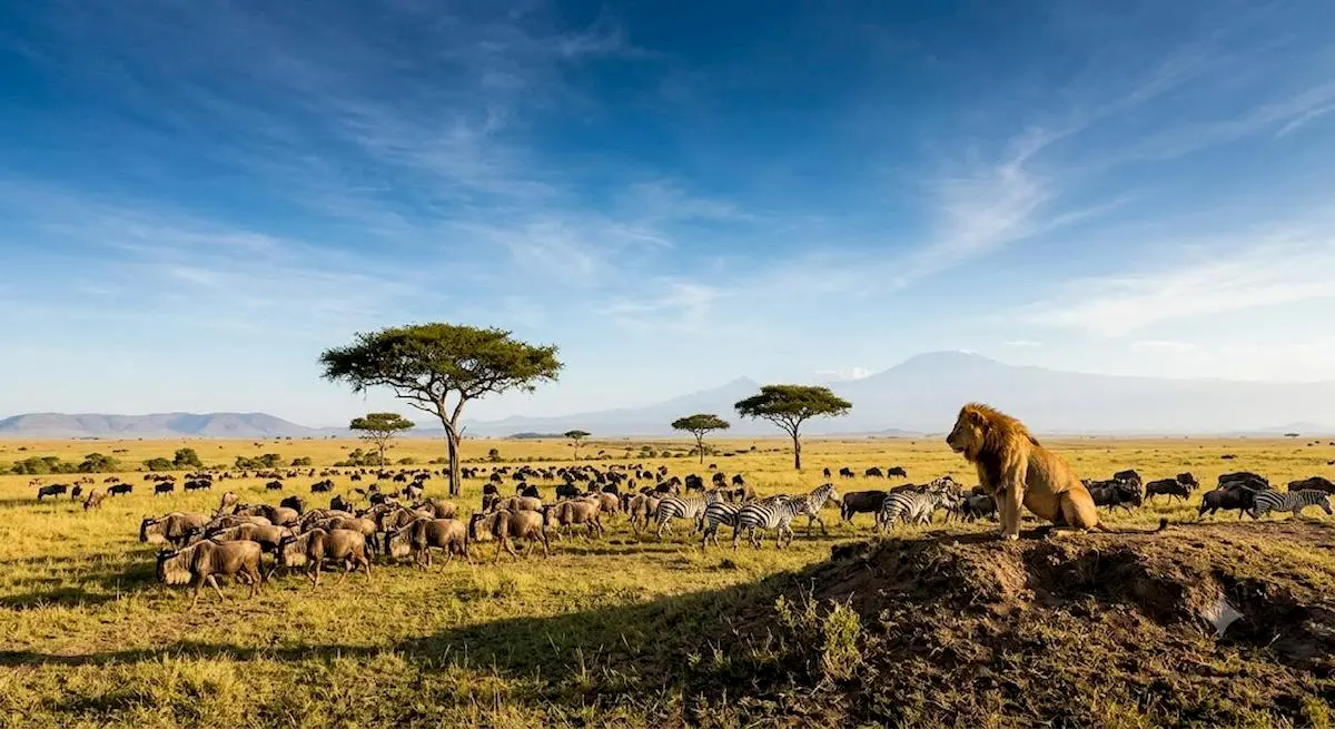 Panoramic view of the Masai Mara savanna featuring an African lion on a mound, a large migrating herd of wildebeests, zebras, and distant mountains under a blue sky.